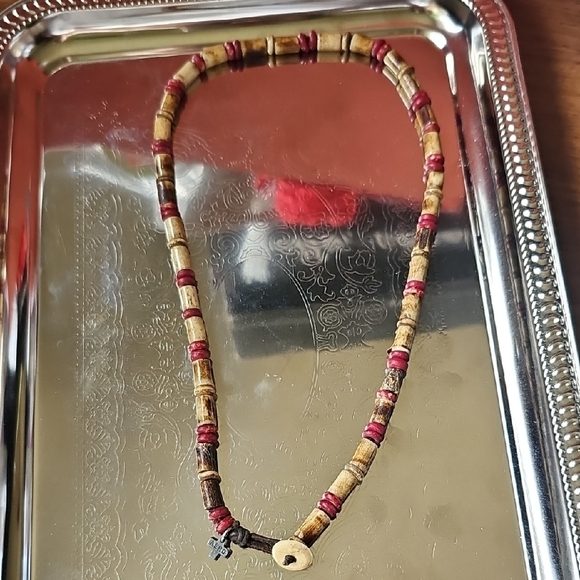 Aeropostale Jewelry - Aeropostale Tulsi Wood & Leather Beaded Necklace 16" W Aero Tag Button Closure